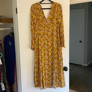 Free People Gates To The Garden Flower Dress Yellow Size 8 Long Sleeve MIDI